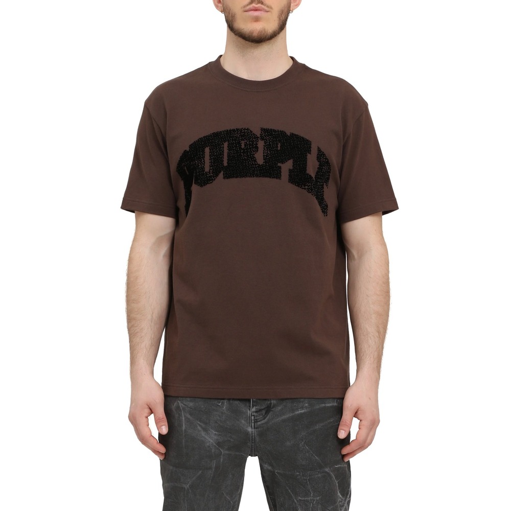 Purple Brand Mens Flocked Arch Logo‎ T-Shirt Brown Cotton Tee PS2601MTOP Size M